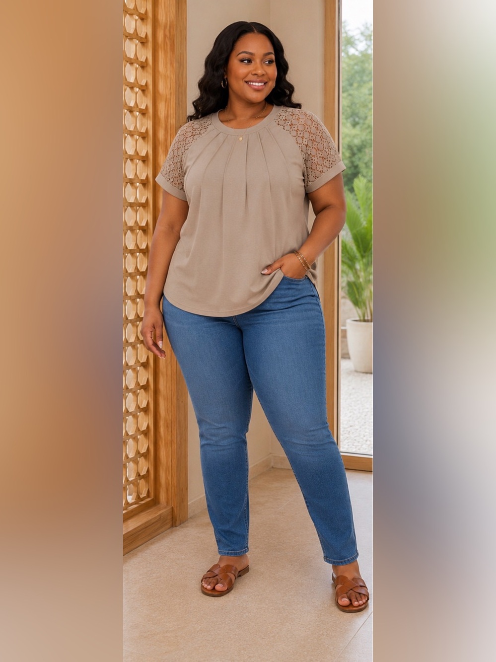 SHEIN Taupe Crochet-Sleeve Short Sleeve Knit Top